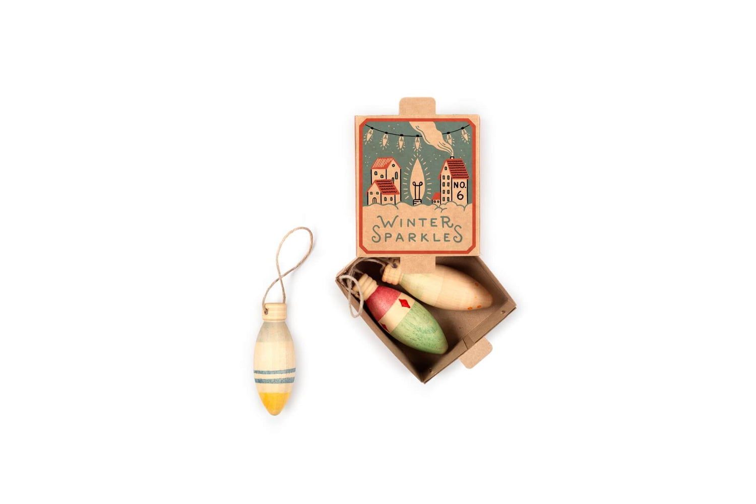 Detailansicht Grapat Winter Sparkles No. 6. Nachhaltiges Holzspielzeug mit Faden zum Aufhängen